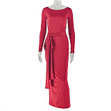 2025 New Arrival Round Neck Fitted Ruched Tie-Up Bodycon Dress JY-303715
