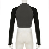 Casual Letter Print Lapel Collar Color-block Zip-up Cardigan Top MRA-23826