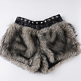New Arrival Fluffy Patchwork Low-waisted Plush Shorts With Eyelet Details MRA-44831