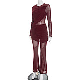 Autumn/Winter Round-neck Mesh Sheer Draped Bodycon Flared Jumpsuit XYWL-25JP438