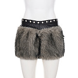 New Arrival Fluffy Patchwork Low-waisted Plush Shorts With Eyelet Details MRA-44831