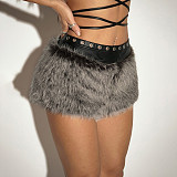 New Arrival Fluffy Patchwork Low-waisted Plush Shorts With Eyelet Details MRA-44831