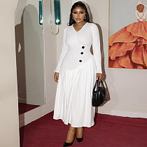 Solid Color V-neck Long-sleeved A-line Dress With Pleated Waist and Elegant Design JY-303569