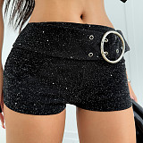 2025 Fashionable Shimmering Knit Shorts with Ring Belt MRA-45005