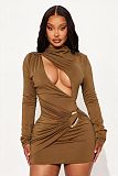 2025 Solid Color Sexy Hollow Out Slim-Fit Metal Design Bodycon Mini Dress XS-1681