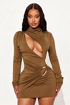 2025 Solid Color Sexy Hollow Out Slim-Fit Metal Design Bodycon Mini Dress XS-1681
