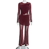 Autumn/Winter Round-neck Mesh Sheer Draped Bodycon Flared Jumpsuit XYWL-25JP438