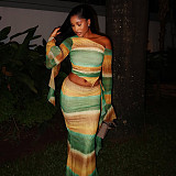 Casual Color-blocked Stretch Fabric Asymmetrical Off-the-shoulder Bodycon Skirt Two-piece Set JY-711852