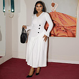 Solid Color V-neck Long-sleeved A-line Dress With Pleated Waist and Elegant Design JY-303569