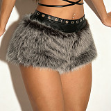 New Arrival Fluffy Patchwork Low-waisted Plush Shorts With Eyelet Details MRA-44831