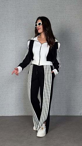 Stylish Striped Velvet Patchwork Long-sleeved Zip-up Jacket and Pants Set TE-4741