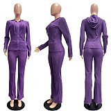 Autumn/Winter High-Stretch Ribbed Knit Printed Hooded Casual Sportswear Set with Pockets CM-9542