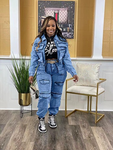 2025 Sexy High-Stretch Multi-Pocket Washed Denim Casual Set NIYA-NY8158