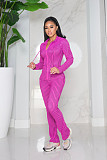 Autumn/Winter High-Stretch Ribbed Knit Printed Hooded Casual Sportswear Set with Pockets CM-9542