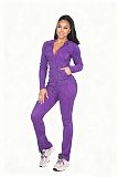 Autumn/Winter High-Stretch Ribbed Knit Printed Hooded Casual Sportswear Set with Pockets CM-9542
