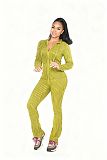Autumn/Winter High-Stretch Ribbed Knit Printed Hooded Casual Sportswear Set with Pockets CM-9542