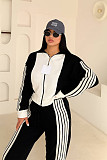 Stylish Striped Velvet Patchwork Long-sleeved Zip-up Jacket and Pants Set TE-4741