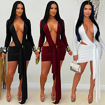 Sexy Deep V-neck Solid Color Short Dress With Flowing Ribbons BY-7607