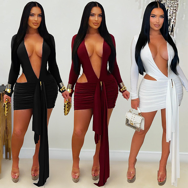 Sexy Deep V-neck Solid Color Short Dress With Flowing Ribbons BY-7607