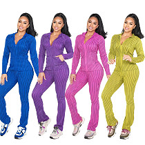 Autumn/Winter High-Stretch Ribbed Knit Printed Hooded Casual Sportswear Set with Pockets CM-9542