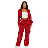Casual Zip-up Jacket and Straight-leg Trousers Two-piece Set With Workwear-style Pockets YNS-8021