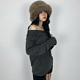 Casual Striped Print Off-the-shoulder Long-sleeved T-shirt Top MRA-25544