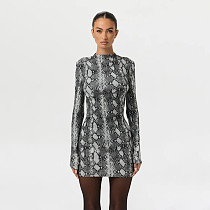 2025 New Arrival Sexy Snake Print High-Waisted Slim-Fit Bodycon Mini Dress SXE-88545