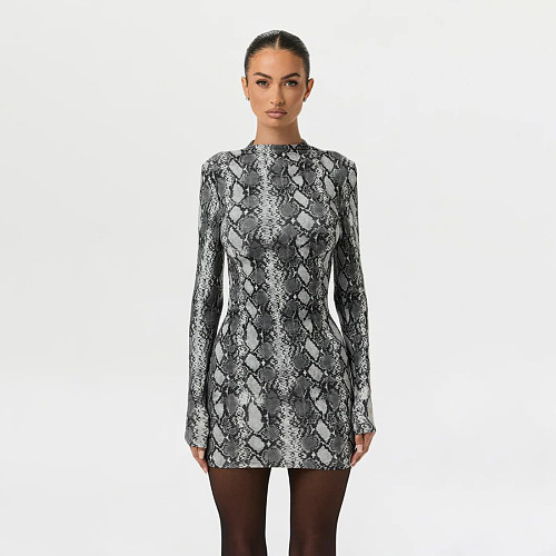 2025 New Arrival Sexy Snake Print High-Waisted Slim-Fit Bodycon Mini Dress SXE-88545