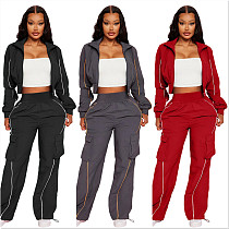 Casual Zip-up Jacket and Straight-leg Trousers Two-piece Set With Workwear-style Pockets YNS-8021