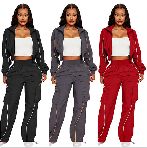 Casual Zip-up Jacket and Straight-leg Trousers Two-piece Set With Workwear-style Pockets YNS-8021