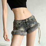Stylish Studded and Faux Fur Patchwork Denim Shorts MRA-45691
