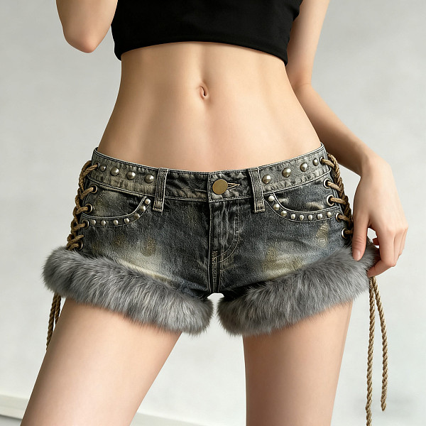 Stylish Studded and Faux Fur Patchwork Denim Shorts MRA-45691