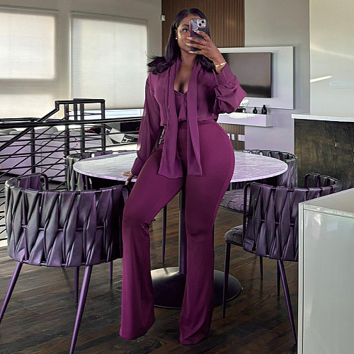 Autumn/Winter V-neck Mesh Blouse With Ribbon Ties and High-waisted Flared Pants Set XYWL-25ST518
