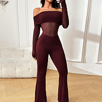 2025 New Arrival Mesh Panel Off-Shoulder Long-Sleeve Jumpsuit FL-24562 2025 New Arrival Mesh Panel Off-Shoulder Long-Sleeve Jumpsuit FL-24562