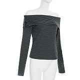 Casual Striped Print Off-the-shoulder Long-sleeved T-shirt Top MRA-25544