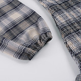 Stylish Round-neck Color-blocked Plaid Pleated Long-sleeved Dress MRA-46300