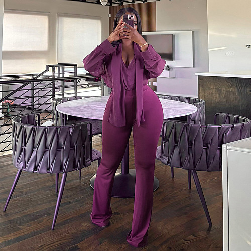 Autumn/Winter V-neck Mesh Blouse With Ribbon Ties and High-waisted Flared Pants Set XYWL-25ST518