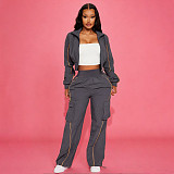 Casual Zip-up Jacket and Straight-leg Trousers Two-piece Set With Workwear-style Pockets YNS-8021