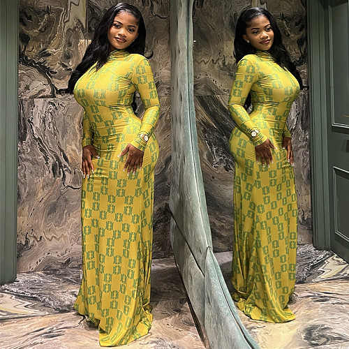 Vintage Style Pleated High-neck Long-sleeved Printed Bodycon Dress JY-303369