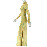 Vintage Style Pleated High-neck Long-sleeved Printed Bodycon Dress JY-303369