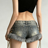 Stylish Studded and Faux Fur Patchwork Denim Shorts MRA-45691