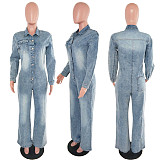 Stylish Stretchy Flared-leg Washed Denim Long-sleeved Jumpsuit JLX-8607