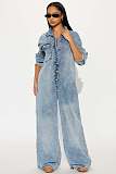 Stylish Stretchy Flared-leg Washed Denim Long-sleeved Jumpsuit JLX-8607