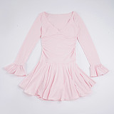 Solid Color V-neck Dress With Ruffled Flared Sleeves and A Fitted A-line Silhouette MRA-45537