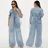 Stylish Stretchy Flared-leg Washed Denim Long-sleeved Jumpsuit JLX-8607