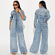 Stylish Stretchy Flared-leg Washed Denim Long-sleeved Jumpsuit JLX-8607