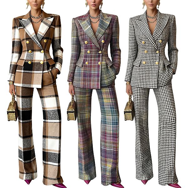 Autumn/Winter Commuter Style Plaid Print Long-Sleeved Slim-Fit Suit Set (Jacket and Trousers) YF-10952