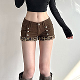 Retro Vorduroy and Faux Fur Patchwork Shorts With Leopard Print and Button Details MRA-44336