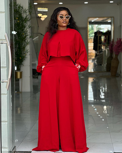 New Autumn/Winter 2025 Round-neck Irregular lantern Sleeve Top Loose Wide-leg Pants Set NNWY-8153