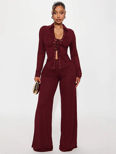 Casual and Versatile Shirt and Pants Set With A Lapel Collar and Tie-up Design XS-1852